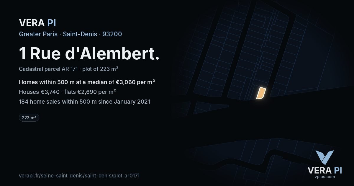 1 Rue d'Alembert, Saint-Denis at night – the plot lit, the parcels around coloured by the prices near them