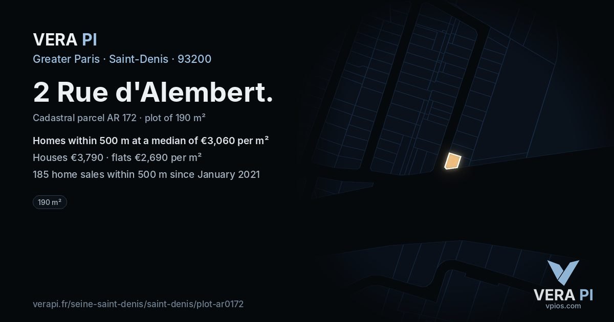 2 Rue d'Alembert, Saint-Denis at night – the plot lit, the parcels around coloured by the prices near them