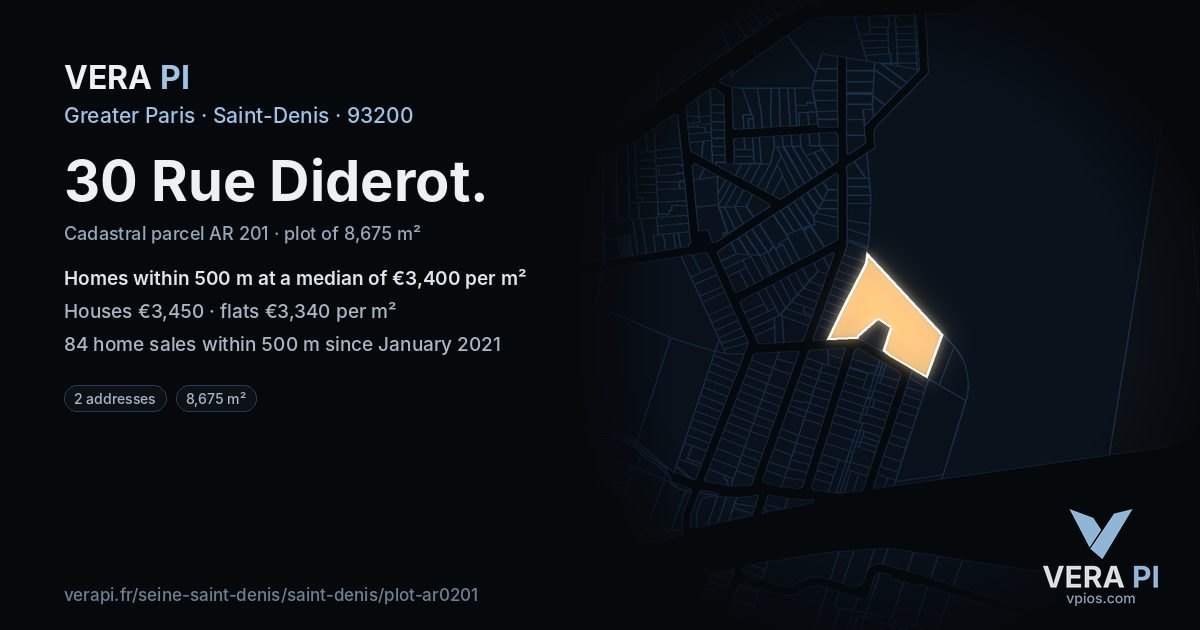 30 Rue Diderot, Saint-Denis at night – the plot lit, the parcels around coloured by the prices near them