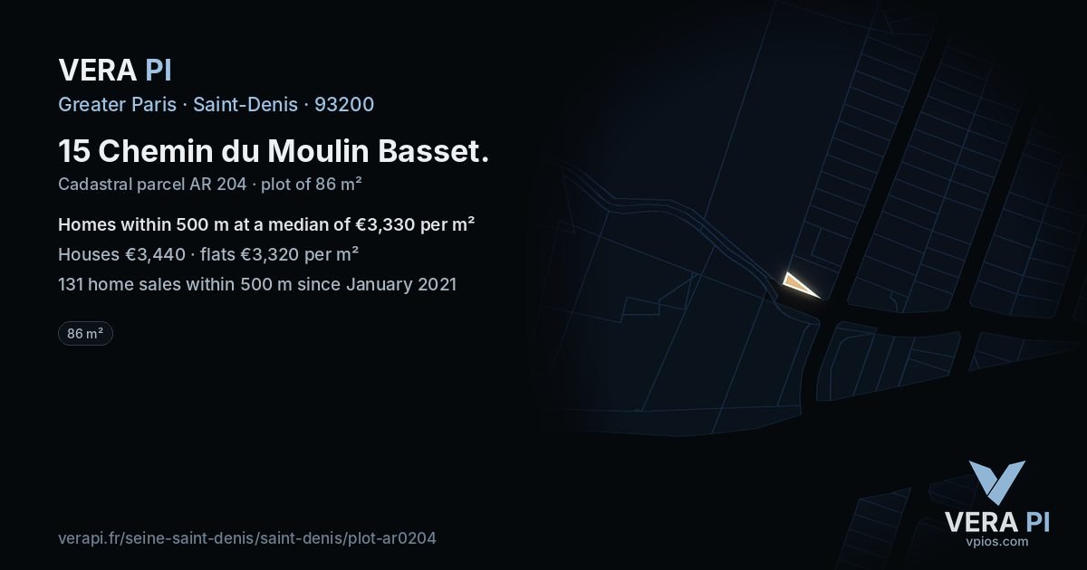 15 Chemin du Moulin Basset, Saint-Denis at night – the plot lit, the parcels around coloured by the prices near them