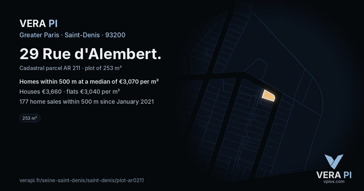 29 Rue d'Alembert, Saint-Denis at night – the plot lit, the parcels around coloured by the prices near them