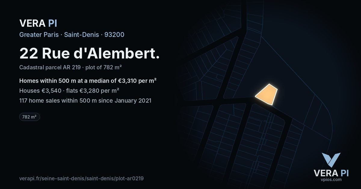 22 Rue d'Alembert, Saint-Denis at night – the plot lit, the parcels around coloured by the prices near them