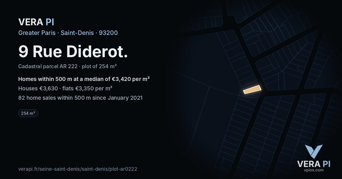 9 Rue Diderot, Saint-Denis at night – the plot lit, the parcels around coloured by the prices near them