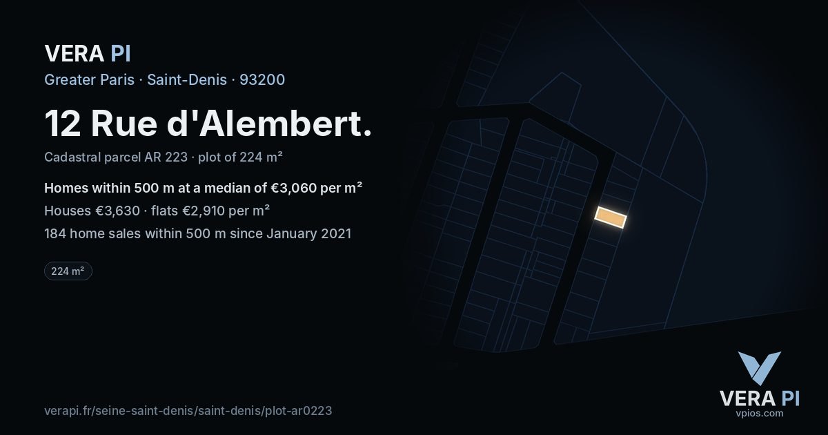 12 Rue d'Alembert, Saint-Denis at night – the plot lit, the parcels around coloured by the prices near them