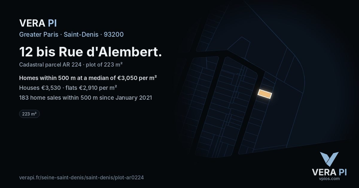 12 bis Rue d'Alembert, Saint-Denis at night – the plot lit, the parcels around coloured by the prices near them