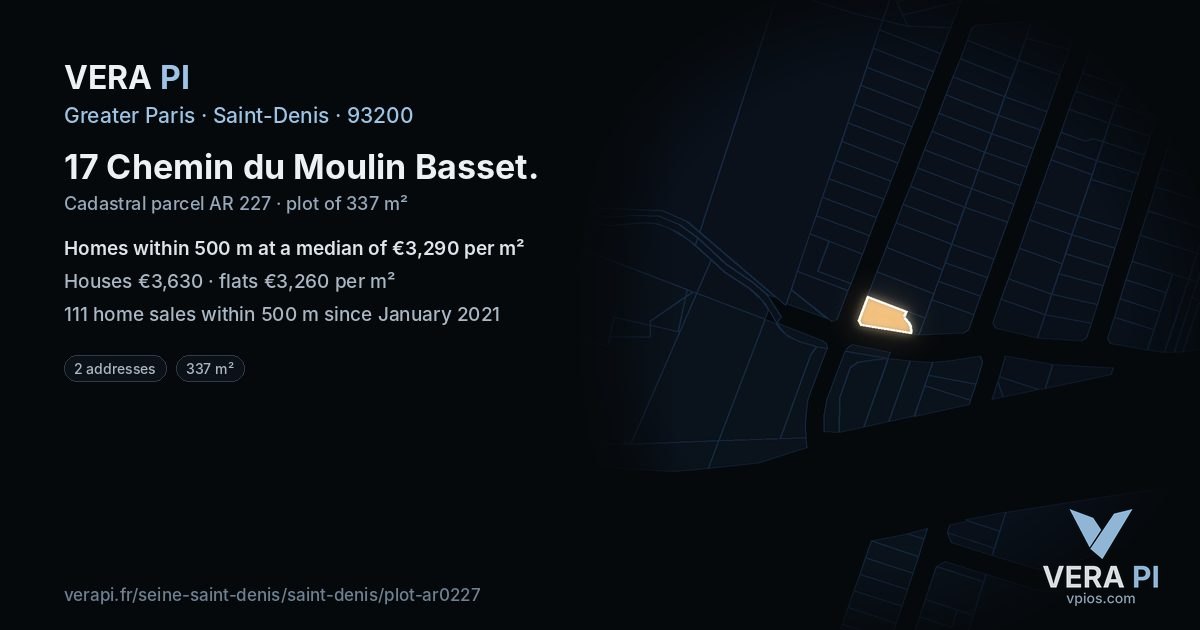 17 Chemin du Moulin Basset, Saint-Denis at night – the plot lit, the parcels around coloured by the prices near them