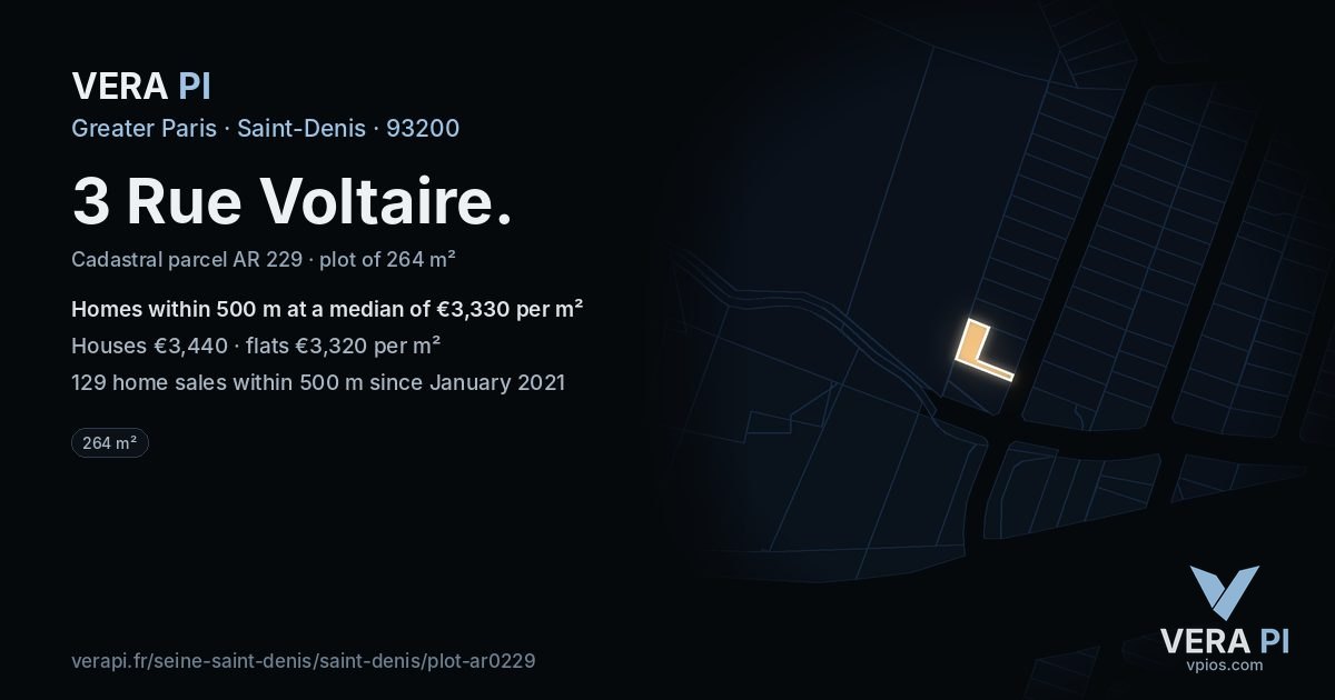 3 Rue Voltaire, Saint-Denis at night – the plot lit, the parcels around coloured by the prices near them