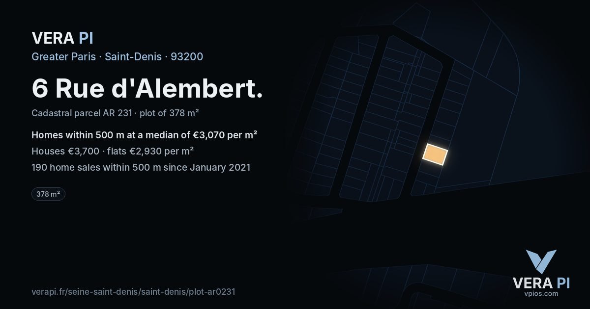 6 Rue d'Alembert, Saint-Denis at night – the plot lit, the parcels around coloured by the prices near them