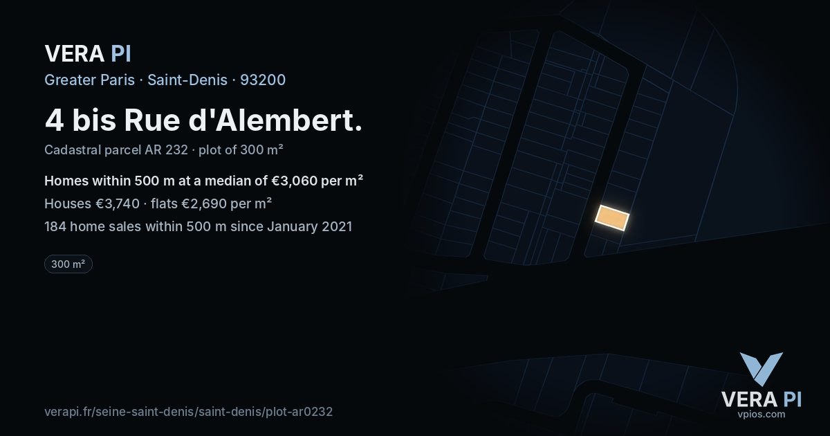 4 bis Rue d'Alembert, Saint-Denis at night – the plot lit, the parcels around coloured by the prices near them