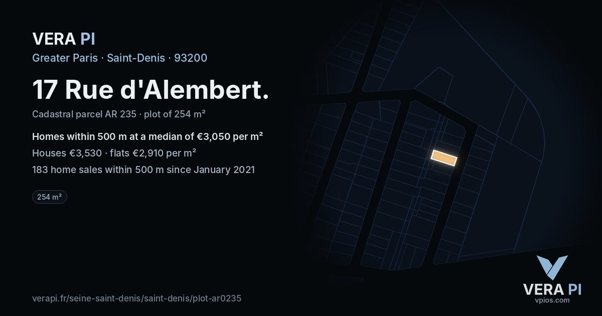 17 Rue d'Alembert, Saint-Denis at night – the plot lit, the parcels around coloured by the prices near them
