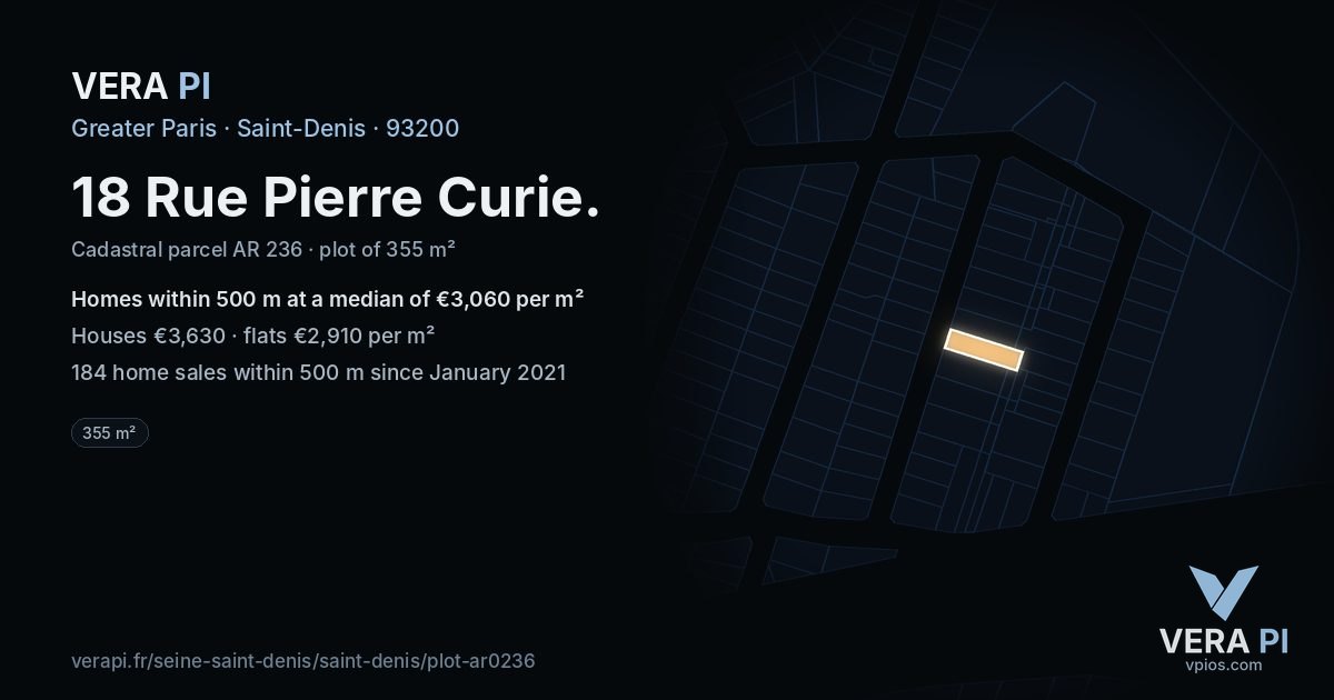 18 Rue Pierre Curie, Saint-Denis at night – the plot lit, the parcels around coloured by the prices near them