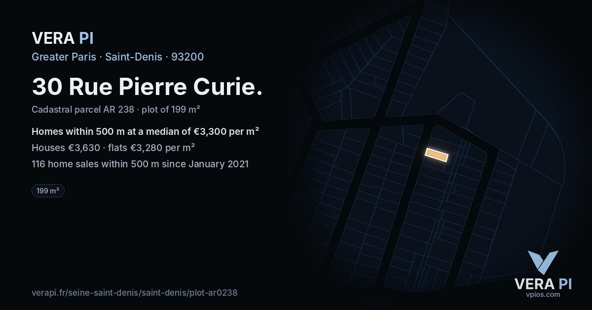 30 Rue Pierre Curie, Saint-Denis at night – the plot lit, the parcels around coloured by the prices near them