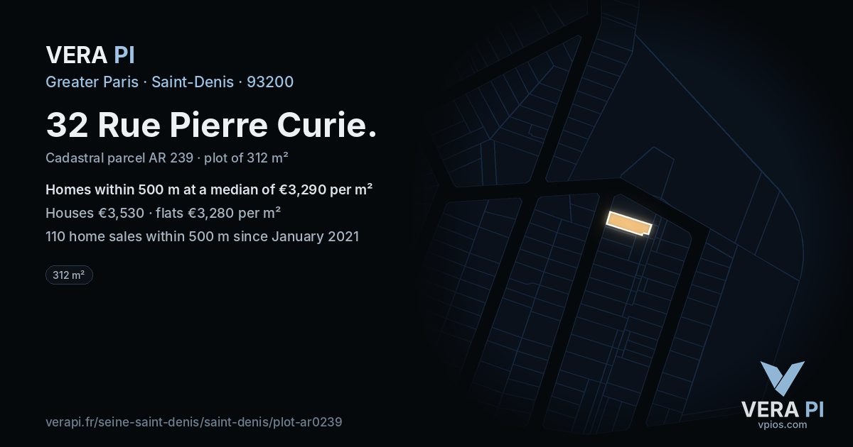 32 Rue Pierre Curie, Saint-Denis at night – the plot lit, the parcels around coloured by the prices near them