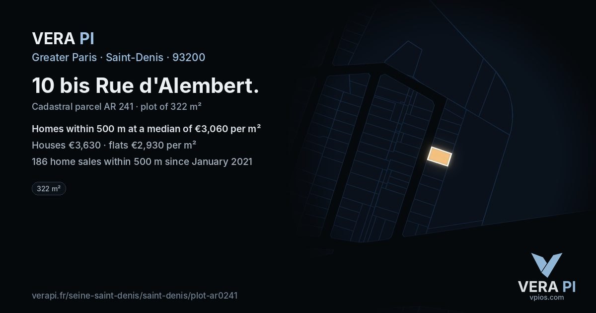 10 bis Rue d'Alembert, Saint-Denis at night – the plot lit, the parcels around coloured by the prices near them