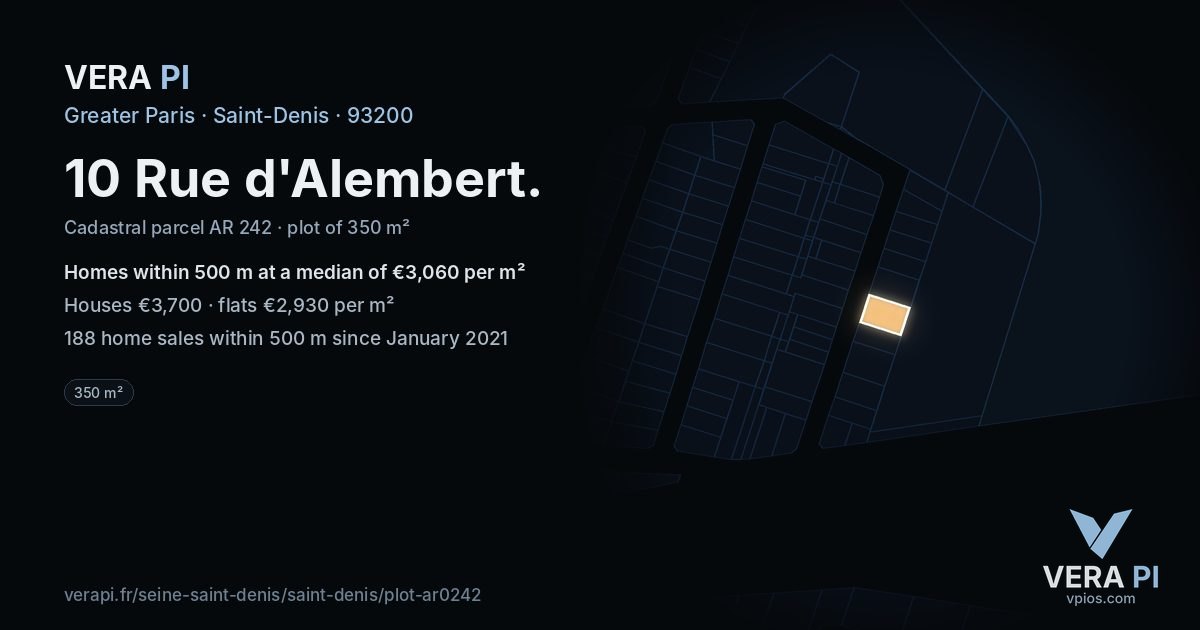 10 Rue d'Alembert, Saint-Denis at night – the plot lit, the parcels around coloured by the prices near them