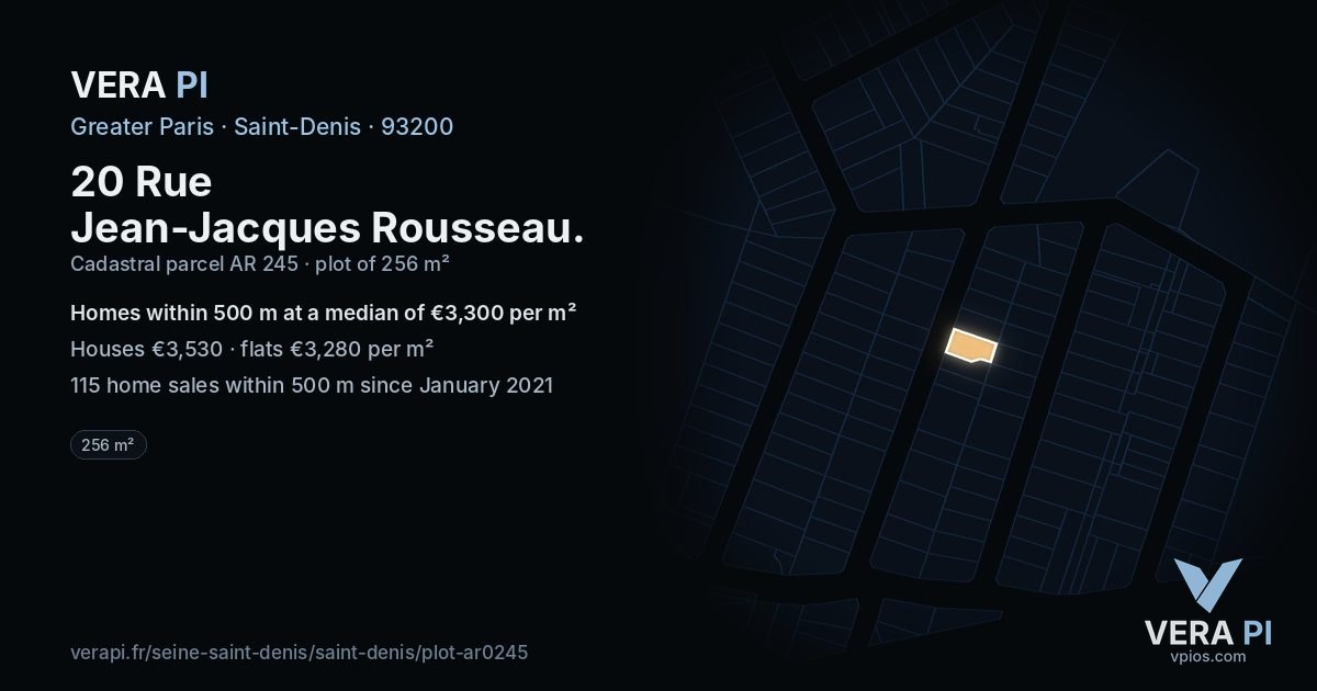 20 Rue Jean-Jacques Rousseau, Saint-Denis at night – the plot lit, the parcels around coloured by the prices near them