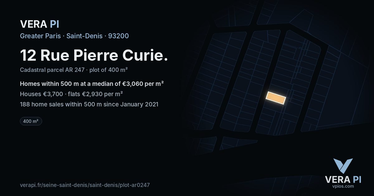 12 Rue Pierre Curie, Saint-Denis at night – the plot lit, the parcels around coloured by the prices near them