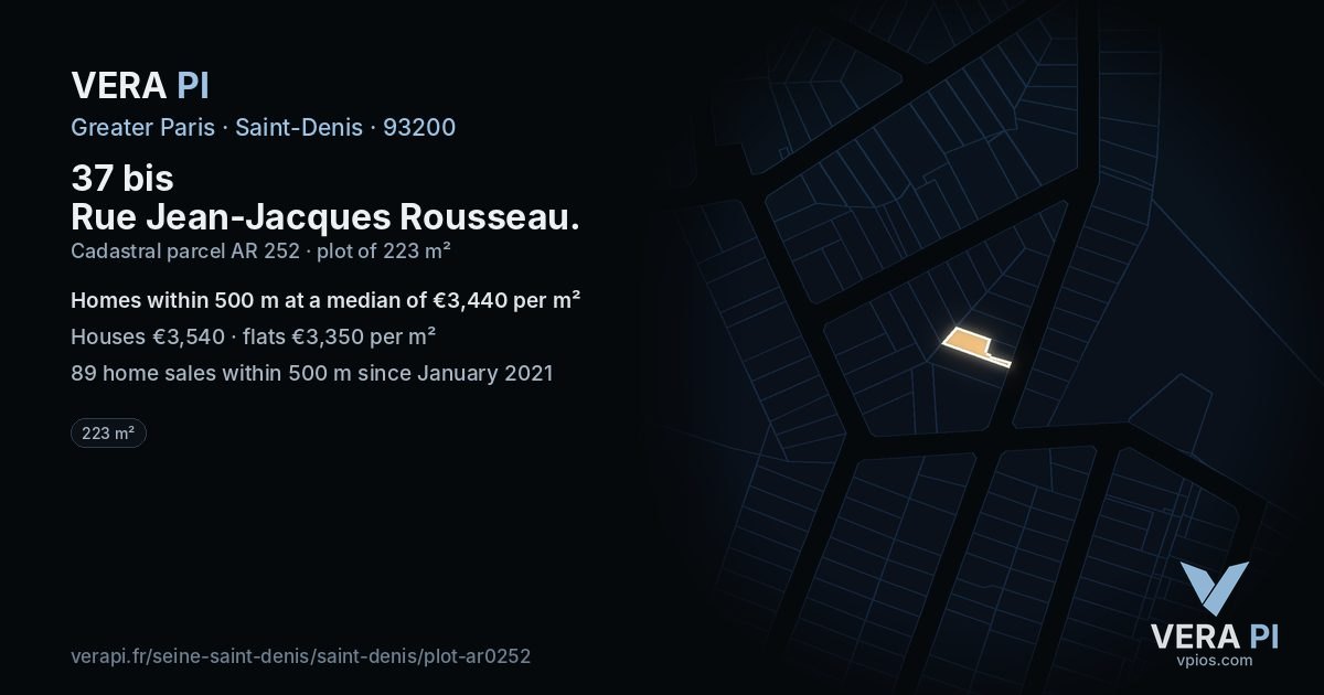 37 bis Rue Jean-Jacques Rousseau, Saint-Denis at night – the plot lit, the parcels around coloured by the prices near them