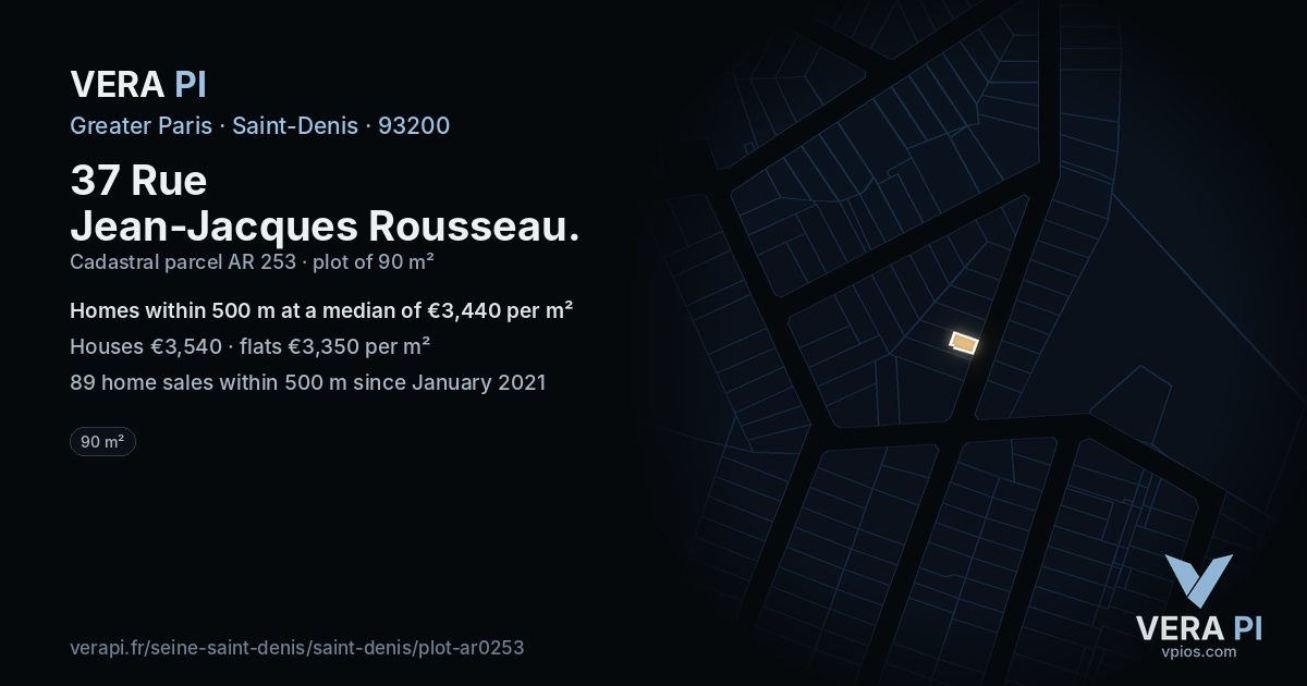 37 Rue Jean-Jacques Rousseau, Saint-Denis at night – the plot lit, the parcels around coloured by the prices near them