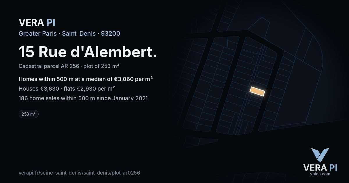 15 Rue d'Alembert, Saint-Denis at night – the plot lit, the parcels around coloured by the prices near them