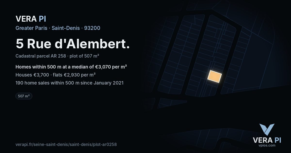 5 Rue d'Alembert, Saint-Denis at night – the plot lit, the parcels around coloured by the prices near them