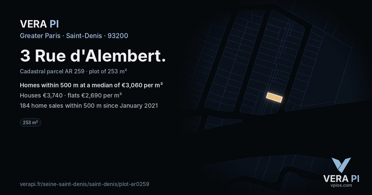 3 Rue d'Alembert, Saint-Denis at night – the plot lit, the parcels around coloured by the prices near them