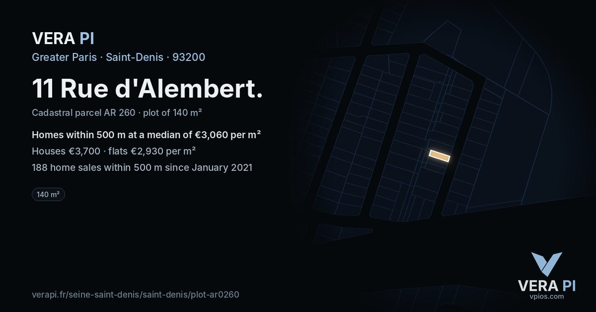 11 Rue d'Alembert, Saint-Denis at night – the plot lit, the parcels around coloured by the prices near them