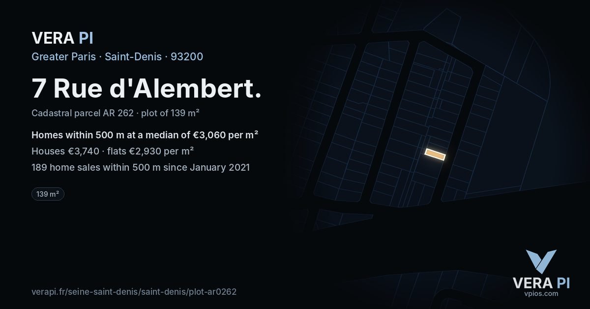 7 Rue d'Alembert, Saint-Denis at night – the plot lit, the parcels around coloured by the prices near them