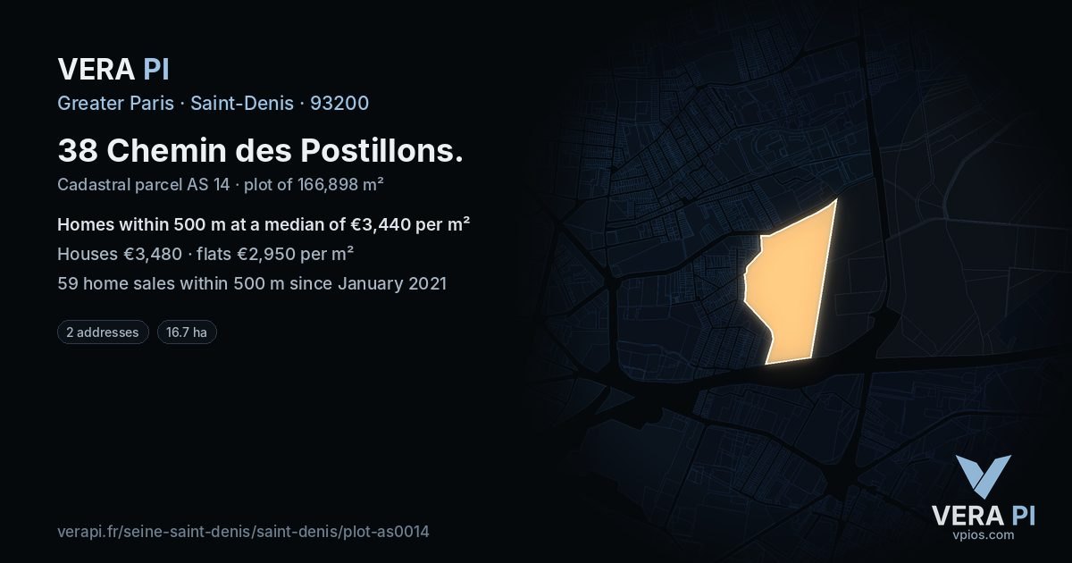 38 Chemin des Postillons, Saint-Denis at night – the plot lit, the parcels around coloured by the prices near them