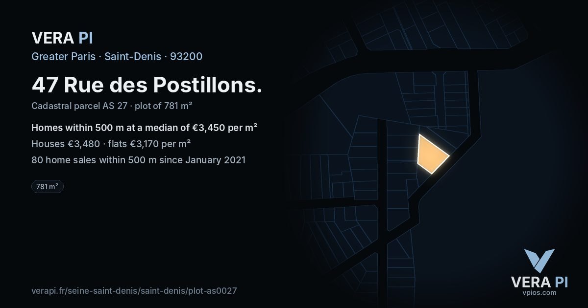 47 Rue des Postillons, Saint-Denis at night – the plot lit, the parcels around coloured by the prices near them