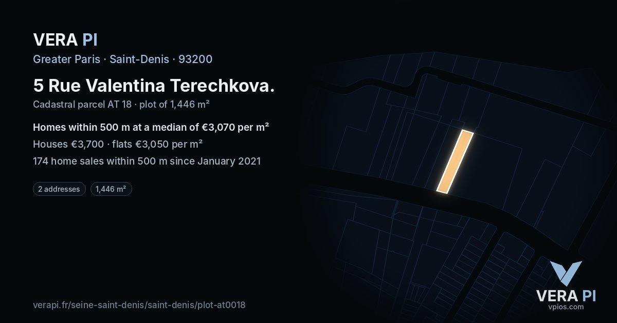 5 Rue Valentina Terechkova, Saint-Denis at night – the plot lit, the parcels around coloured by the prices near them