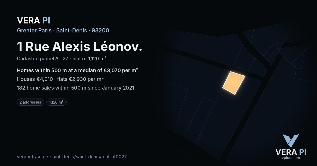 1 Rue Alexis Léonov, Saint-Denis at night – the plot lit, the parcels around coloured by the prices near them