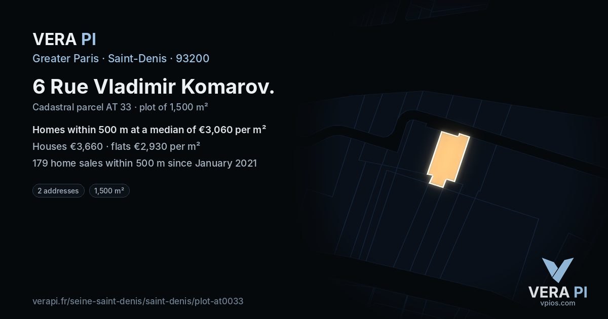 6 Rue Vladimir Komarov, Saint-Denis at night – the plot lit, the parcels around coloured by the prices near them