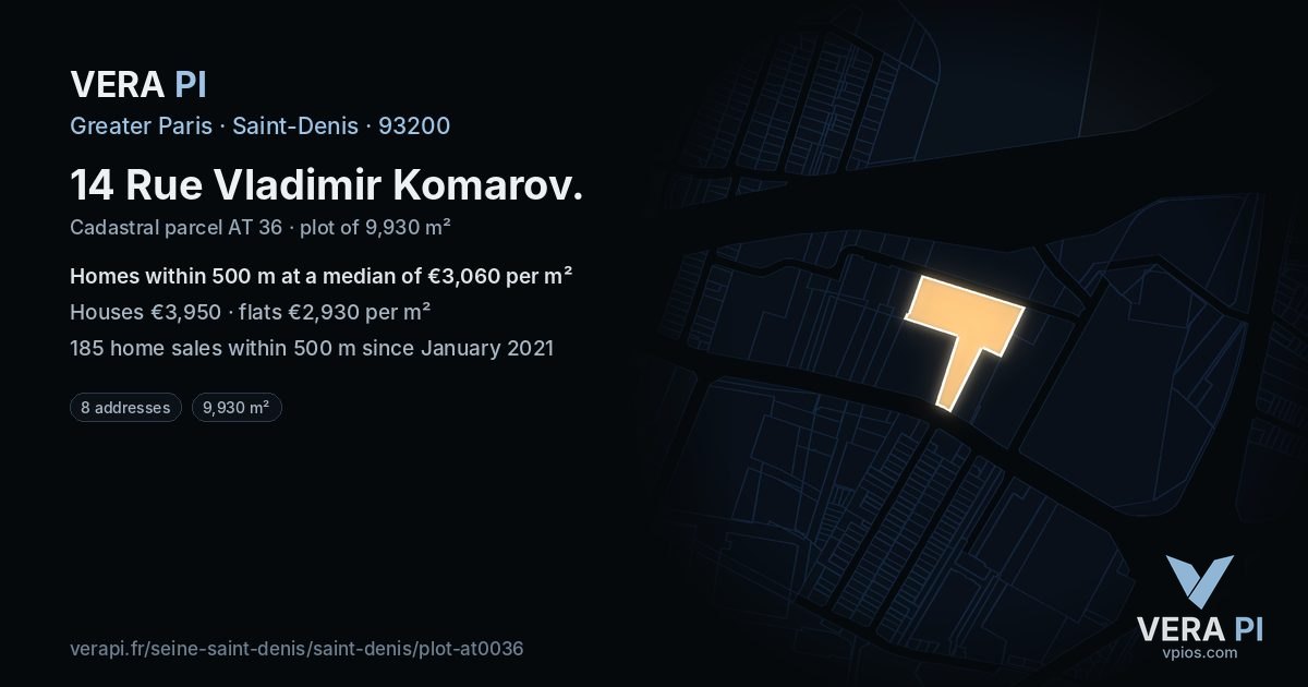 14 Rue Vladimir Komarov, Saint-Denis at night – the plot lit, the parcels around coloured by the prices near them