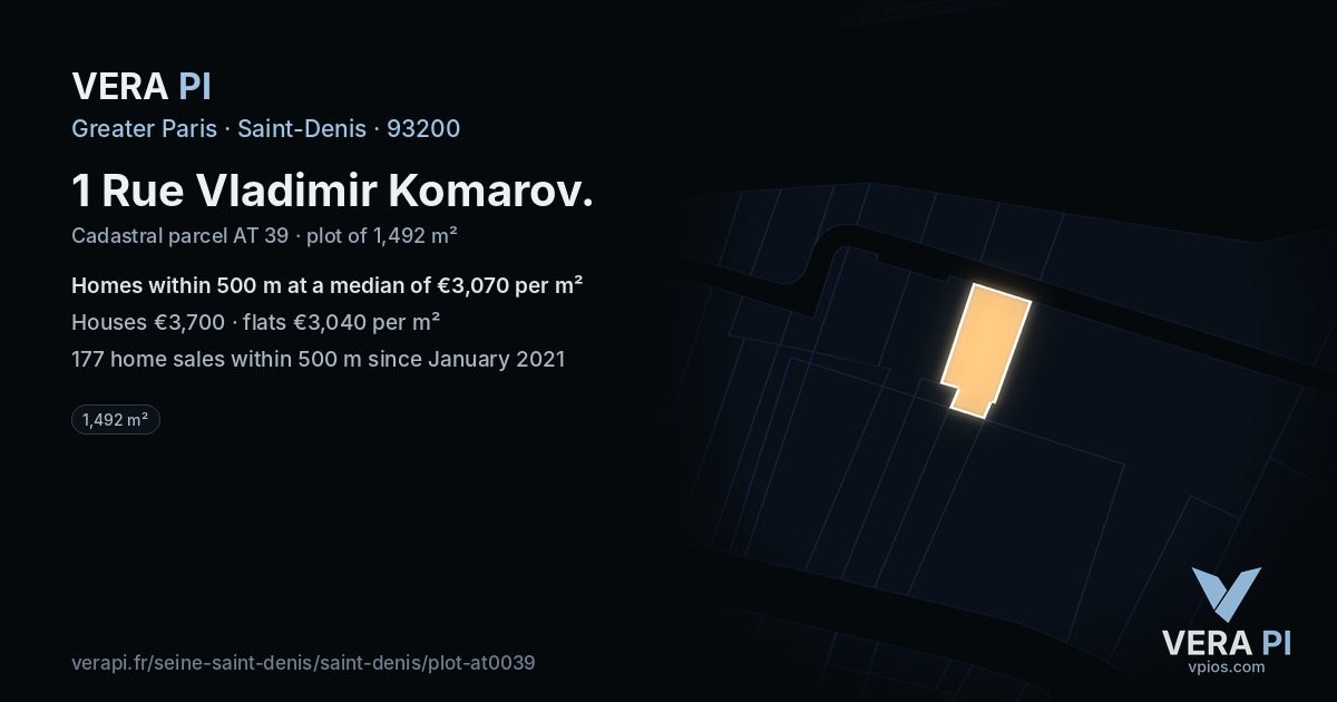 1 Rue Vladimir Komarov, Saint-Denis at night – the plot lit, the parcels around coloured by the prices near them