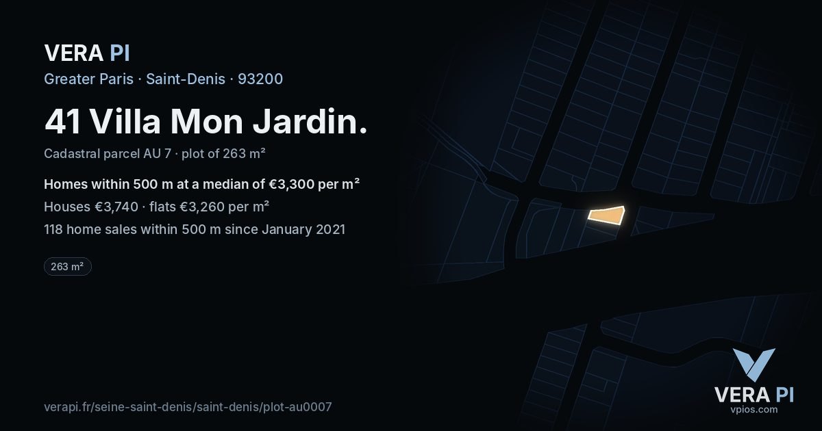 41 Villa Mon Jardin, Saint-Denis at night – the plot lit, the parcels around coloured by the prices near them