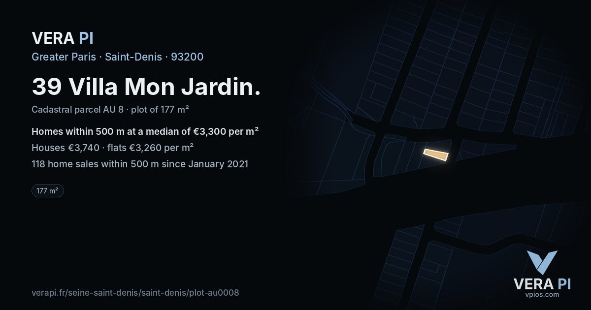 39 Villa Mon Jardin, Saint-Denis at night – the plot lit, the parcels around coloured by the prices near them