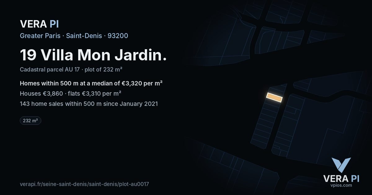 19 Villa Mon Jardin, Saint-Denis at night – the plot lit, the parcels around coloured by the prices near them