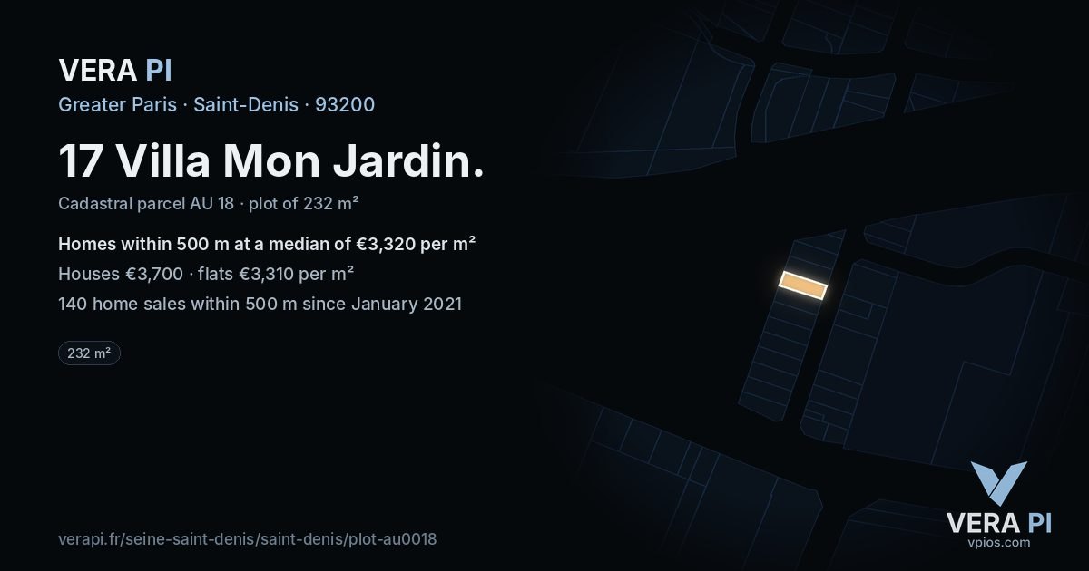 17 Villa Mon Jardin, Saint-Denis at night – the plot lit, the parcels around coloured by the prices near them