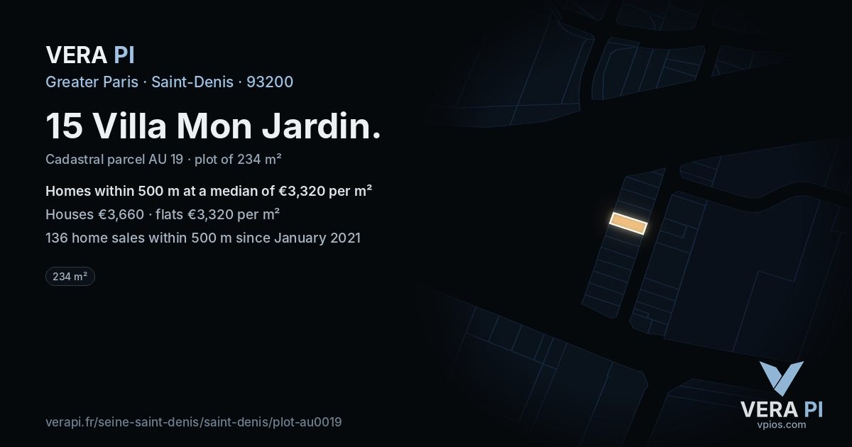 15 Villa Mon Jardin, Saint-Denis at night – the plot lit, the parcels around coloured by the prices near them
