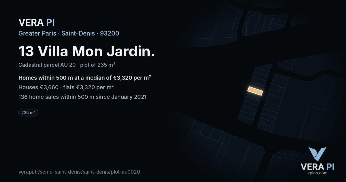 13 Villa Mon Jardin, Saint-Denis at night – the plot lit, the parcels around coloured by the prices near them
