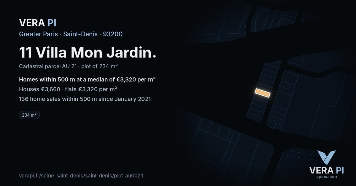 11 Villa Mon Jardin, Saint-Denis at night – the plot lit, the parcels around coloured by the prices near them