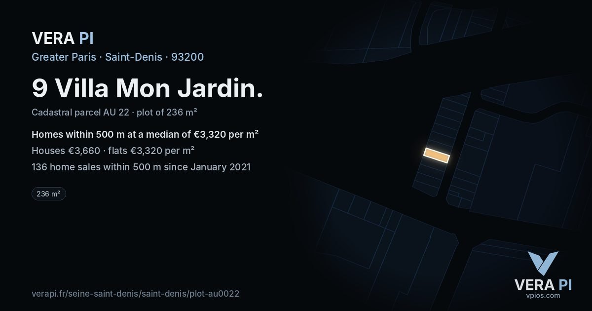 9 Villa Mon Jardin, Saint-Denis at night – the plot lit, the parcels around coloured by the prices near them