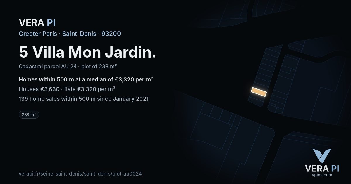 5 Villa Mon Jardin, Saint-Denis at night – the plot lit, the parcels around coloured by the prices near them