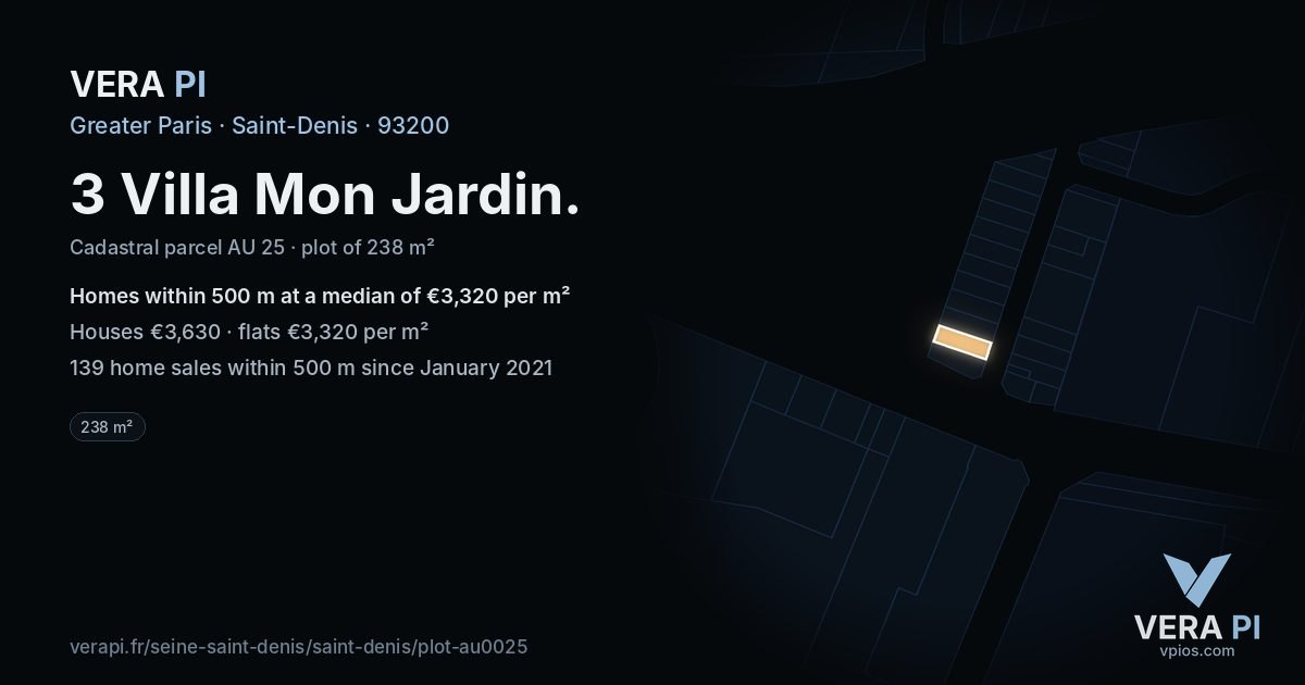 3 Villa Mon Jardin, Saint-Denis at night – the plot lit, the parcels around coloured by the prices near them