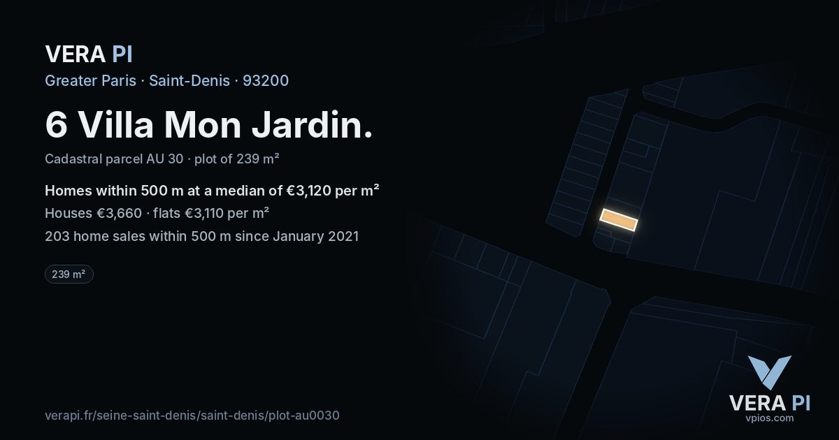 6 Villa Mon Jardin, Saint-Denis at night – the plot lit, the parcels around coloured by the prices near them