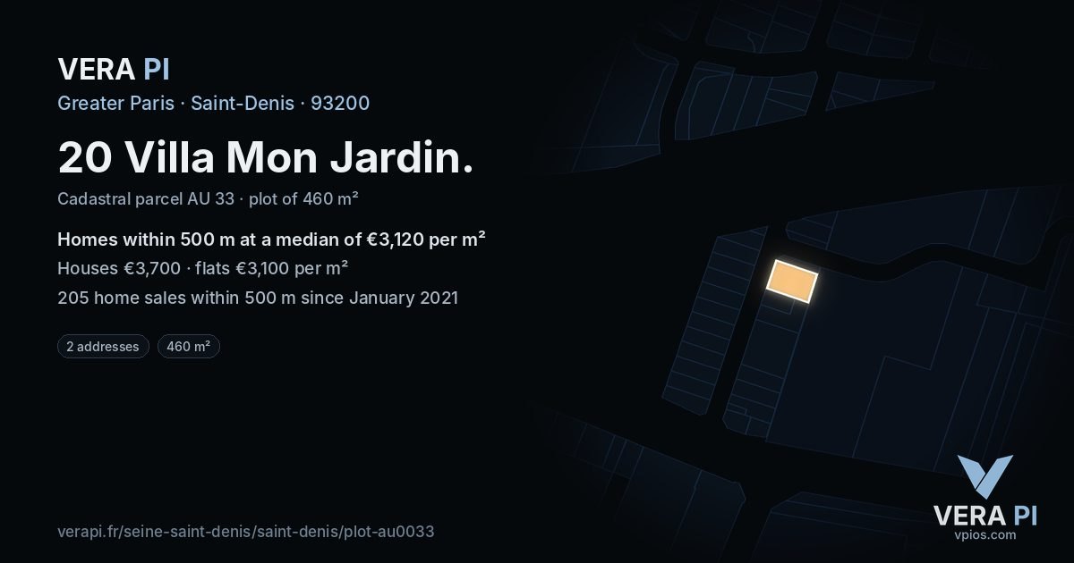 20 Villa Mon Jardin, Saint-Denis at night – the plot lit, the parcels around coloured by the prices near them