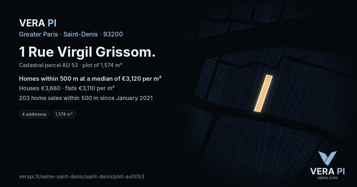 1 Rue Virgil Grissom, Saint-Denis at night – the plot lit, the parcels around coloured by the prices near them