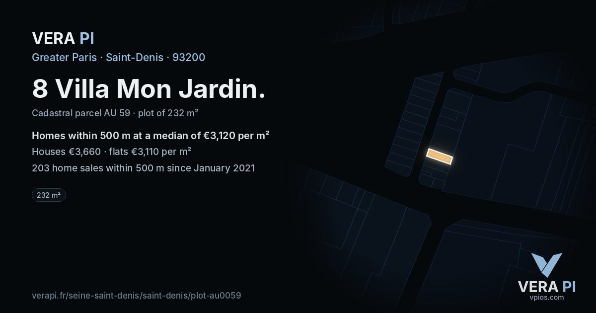 8 Villa Mon Jardin, Saint-Denis at night – the plot lit, the parcels around coloured by the prices near them