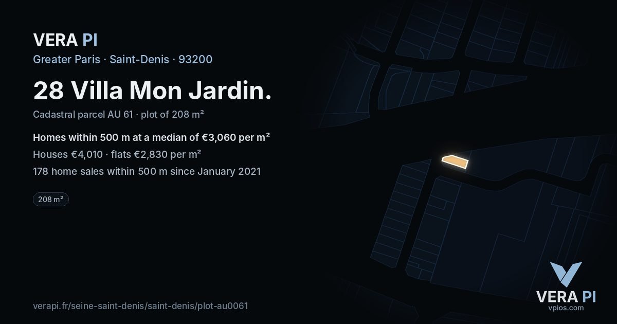 28 Villa Mon Jardin, Saint-Denis at night – the plot lit, the parcels around coloured by the prices near them